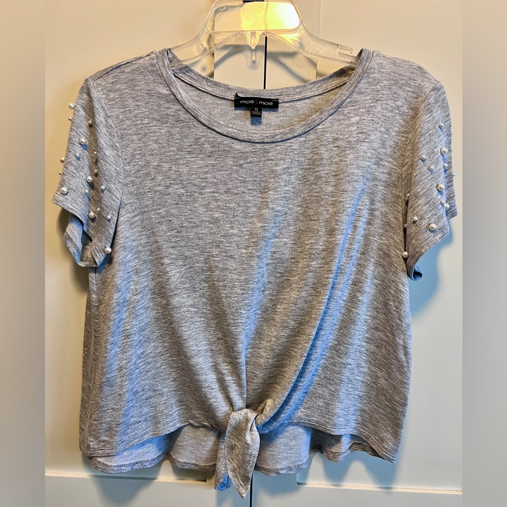 Heather Gray Tie Front Crop Top with Pearl Sleeves